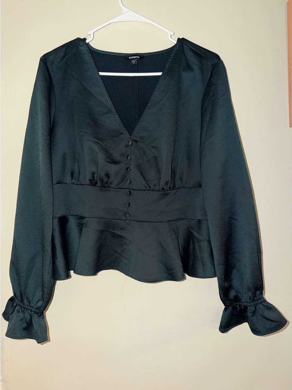 Express dark green V-Neck Peplum Button-Front Blouse